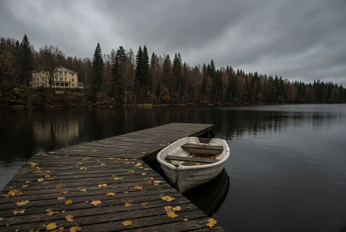 Bryggan och roddbåten vid sjön
