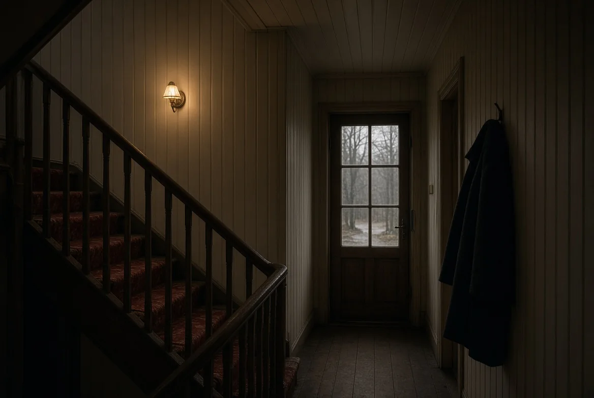Trappavsatsen med en ensam lampa tänd